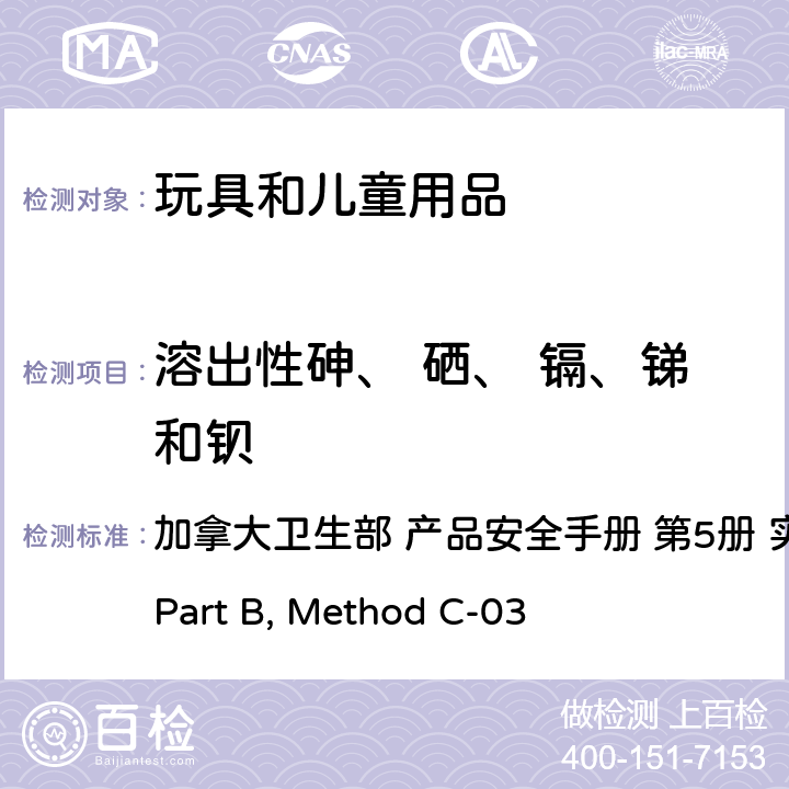 溶出性砷、 硒、 镉、锑和钡 应用涂层中的溶出性砷、硒、 镉、锑和钡 加拿大卫生部 产品安全手册 第5册 实验室方针和规程 
Part B, Method C-03