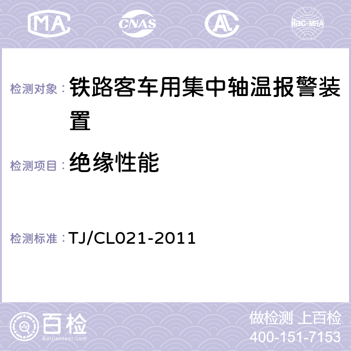 绝缘性能 铁道客车用集中轴温报警器技术条件 TJ/CL021-2011 7.10,6.37