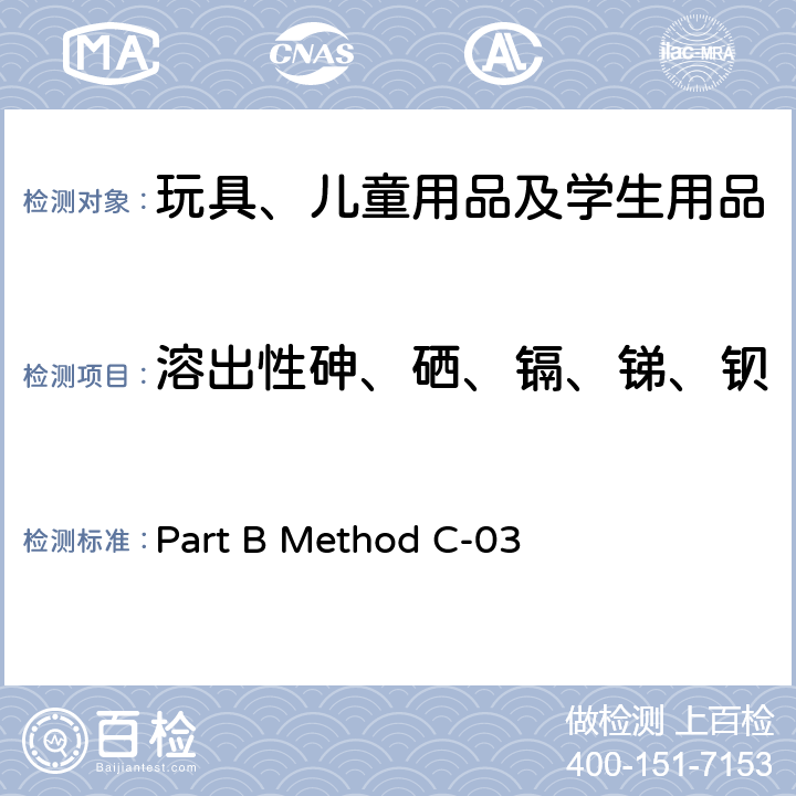 溶出性砷、硒、镉、锑、钡 Part B Method C-03 加拿大卫生部 产品安全手册 第5册 实验室方针和规程 应用涂层中的溶出性砷、硒、 镉、锑和钡 