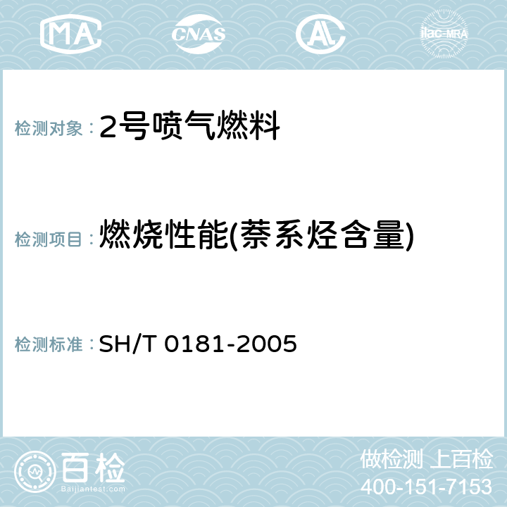 燃烧性能(萘系烃含量) 喷气燃料中萘系烃含量测定法（紫外分光光度法） SH/T 0181-2005
