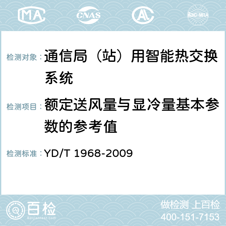 额定送风量与显冷量基本参数的参考值 YD/T 1968-2009 通信局(站)用智能热交换系统