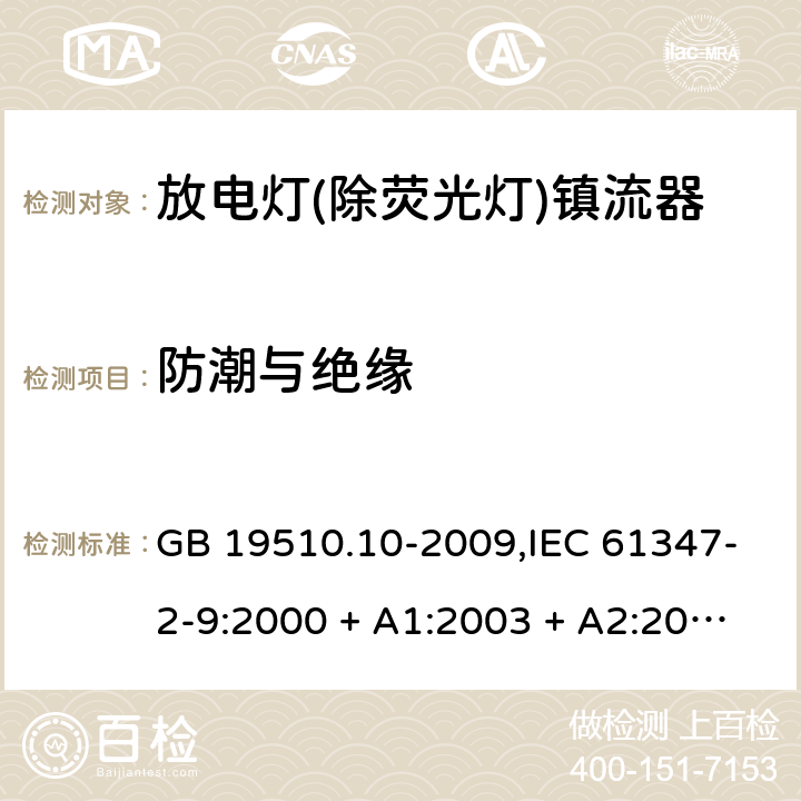 防潮与绝缘 灯的控制装置第2-9部分: 放电灯(荧光灯除外)用镇流器的特殊要求 GB 19510.10-2009,IEC 61347-2-9:2000 + A1:2003 + A2:2006,IEC 61347-2-9:2012,AS/NZS 61347.2.9:2004,EN 61347-2-9:2001 + A1:2003 + A2:2006,EN 61347-2-9:2013,AS/NZS 61347.2.9:2019 11