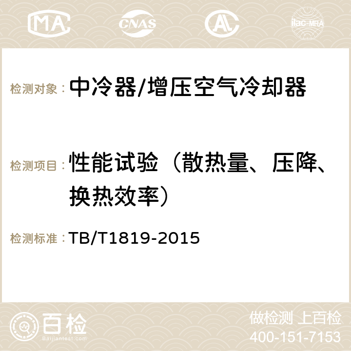 性能试验（散热量、压降、换热效率） 内燃机车柴油机用中冷器 TB/T1819-2015