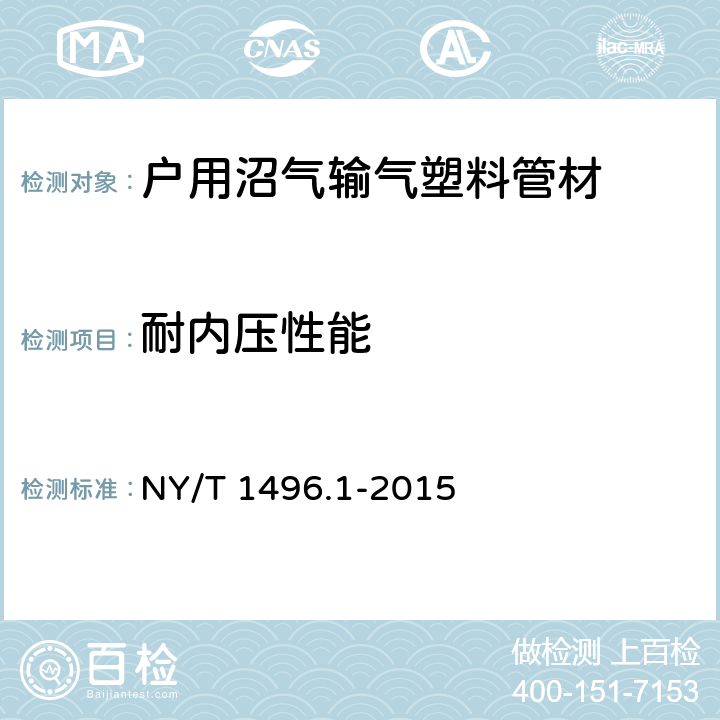 耐内压性能 户用沼气输气系统 第1部分：塑料管材 NY/T 1496.1-2015 6.2.2.4