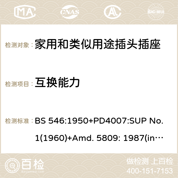 互换能力 两极和两极带接地插座和转换器 BS 546:1950+PD4007:SUP No. 1(1960)+Amd. 5809: 1987(include sup. No. 2: 1987) +Amd. 8914: 1999 32