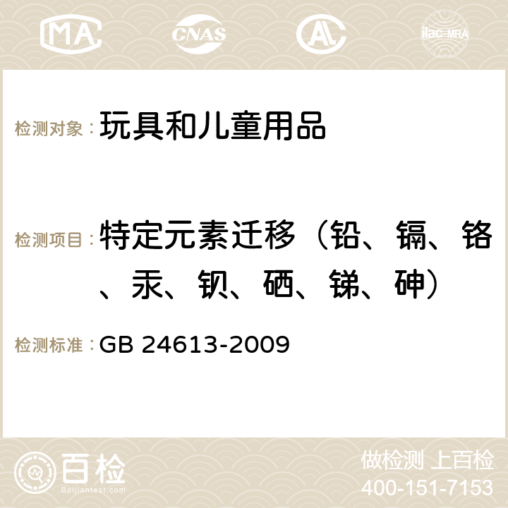 特定元素迁移（铅、镉、铬、汞、钡、硒、锑、砷） 玩具用涂料中有害物质限量 GB 24613-2009 附录B