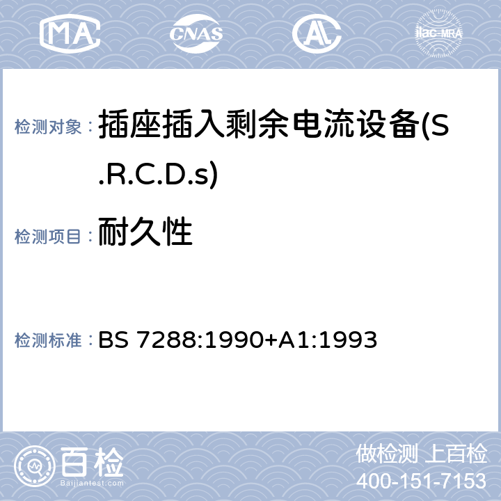 耐久性 插座插入剩余电流设备(S.R.C.D.S)规范 BS 7288:1990+A1:1993 Cl.8.11