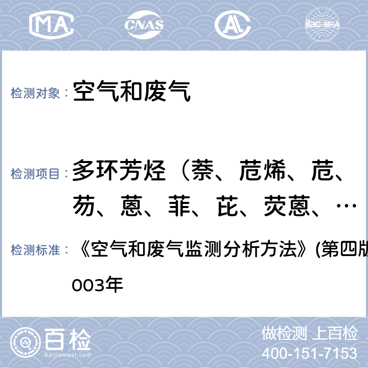 多环芳烃（萘、苊烯、苊、芴、蒽、菲、芘、荧蒽、苯并[a]蒽、屈、苯并[b]荧蒽、苯并[k]荧蒽、苯并[a]芘、茚并[1,2,3-cd]芘、二苯并[a,h]蒽，苯并[g,h,i] 苝）总计16种 气相色谱-质谱法 《空气和废气监测分析方法》(第四版)国家环境保护总局2003年 6.2.7（1）