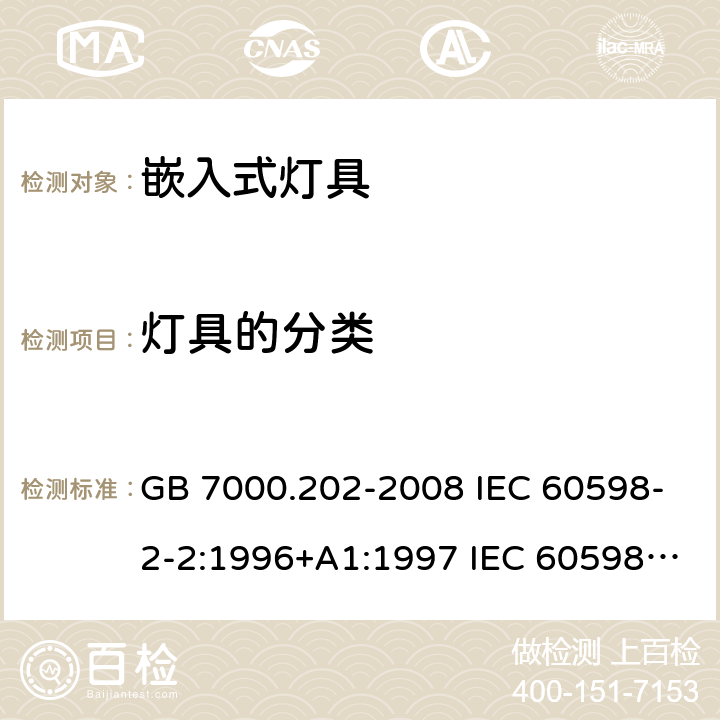 灯具的分类 灯具 第2-2部分：特殊要求 嵌入式灯具 GB 7000.202-2008 IEC 60598-2-2:1996+A1:1997 IEC 60598-2-2:2011 EN 60598-2-2:2012 4