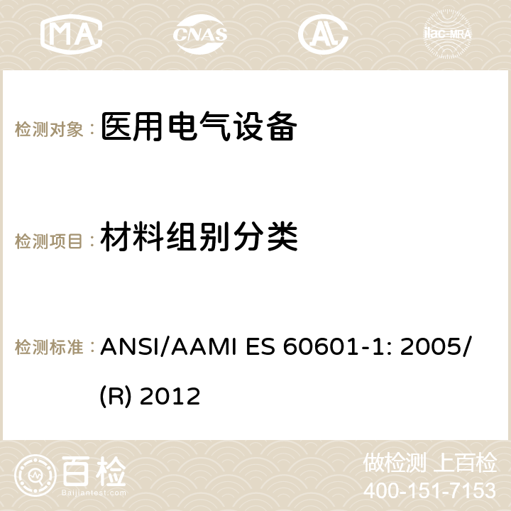 材料组别分类 医用电气设备 第1部分：基本安全和性能通用要求 ANSI/AAMI ES 60601-1: 2005/(R) 2012 8.9.1.7