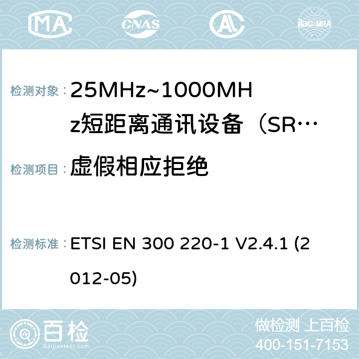 虚假相应拒绝 ETSI EN 300 220 电磁兼容性和射频频谱问题（ERM）；短距离设备（SRD)；使用在频率范围25MHz-1000MHz,功率在500mW 以下的射频设备；第1部分：技术参数和测试方法 -1 V2.4.1 (2012-05) 8.5