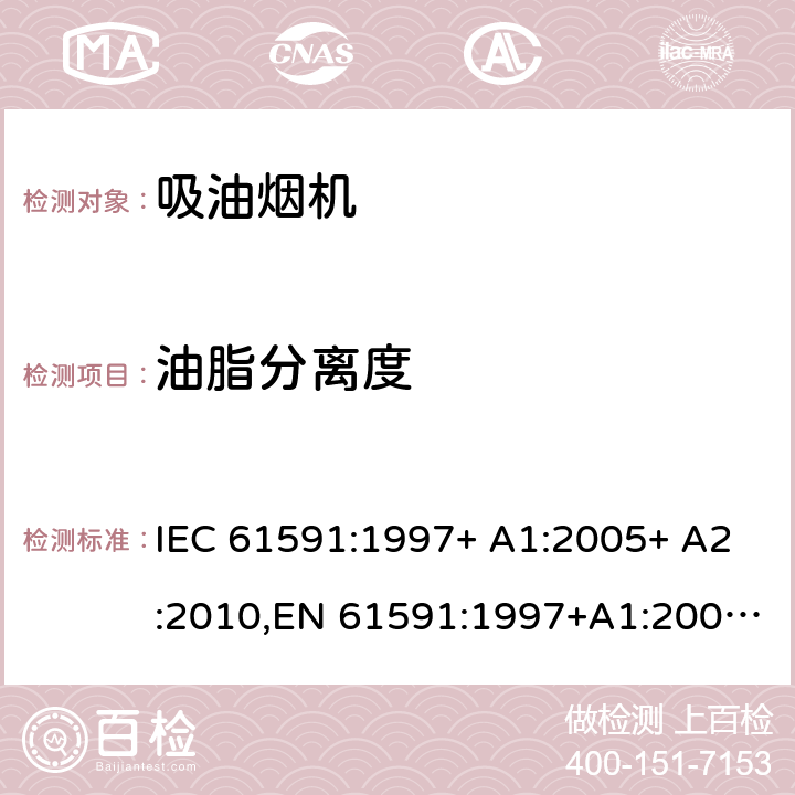 油脂分离度 吸油烟机性能试验方法 IEC 61591:1997+ A1:2005+ A2:2010,EN 61591:1997+A1:2006+A2:2011 +A11:2014+A12:2015,IEC 61591:2019,EN 61591:2020+A11:2020 Cl.11