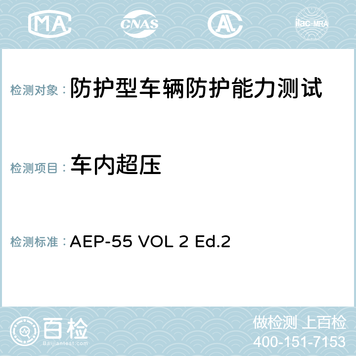 车内超压 Procedures For Evaluating The Protection Level Of Armoured Vehicles - Volume 2: Mine Threat AEP-55 VOL 2 Ed.2