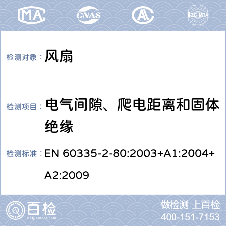 電氣間隙、爬電距離和固體絕緣 家用和類似用途電器的安全 第2部分: 風扇的特殊要求 EN 60335-2-80:2003+A1:2004+A2:2009 29