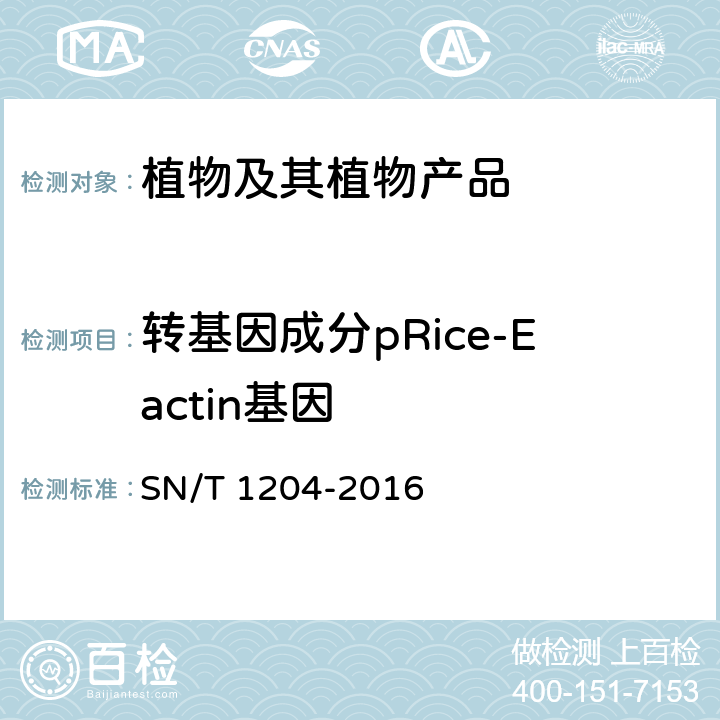 转基因成分pRice-Eactin基因 植物及其加工产品中转基因成分实时荧光PCR定性检验方法 SN/T 1204-2016