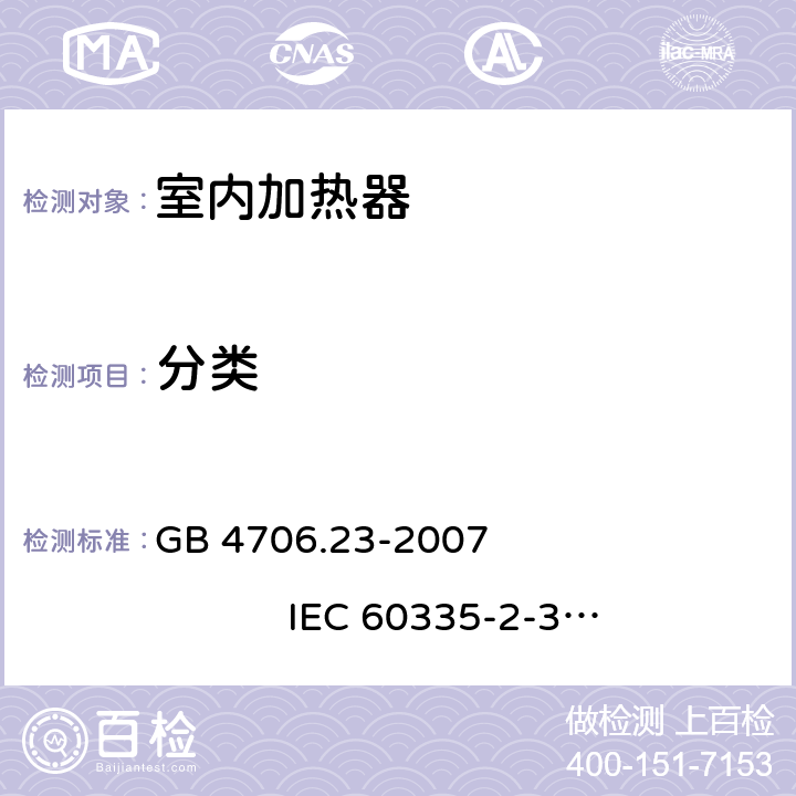 分类 家用和类似用途电器的安全 室内加热器的特殊要求 GB 4706.23-2007 
IEC 60335-2-30:2002+A1:2004+A2:2007
IEC 60335-2-30:2009+A1:2016
EN 60335-2-30:2003+A1:2004+A2:2007 
EN 60335-2-30:2009+A11:2012
AS/NZS 60335.2.30:2009+A1:2010+A2:2014
AS/NZS 60335.2.30:2015+A1:2015+A2:2017 6