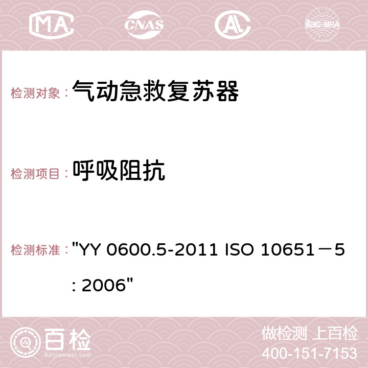 呼吸阻抗 医用呼吸机 基本安全要求和主要性能专用要求 第5部分：气动急救复苏器 "YY 0600.5-2011 ISO 10651－5: 2006" 7.1.4