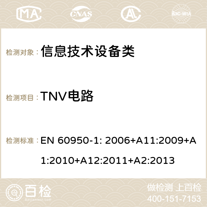 TNV电路 信息技术设备安全 第1部分:通用要求 EN 60950-1: 2006+A11:2009+A1:2010+A12:2011+A2:2013 2.3