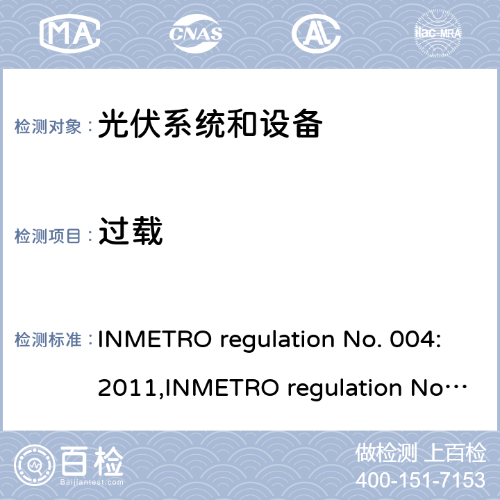 过载 INMETRO regulation No. 004:2011,INMETRO regulation No. 357:2014 光伏系统和设备的一致性评估要求  Annex III-part 1