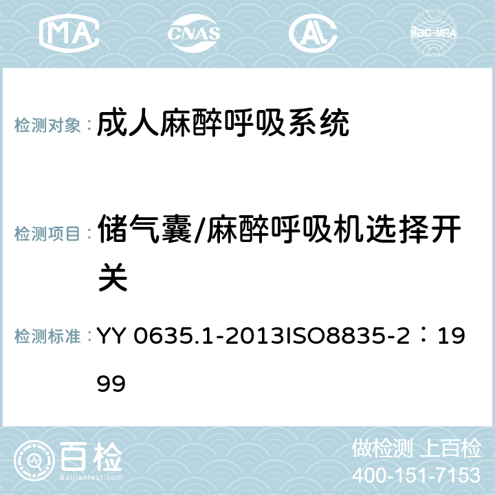 储气囊/麻醉呼吸机选择开关 吸入式麻醉系统 第1部分：成人麻醉呼吸系统 YY 0635.1-2013
ISO8835-2：1999 6