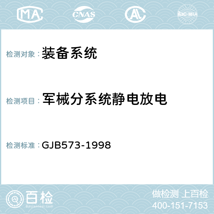 军械分系统静电放电 GJB 573-1998 引信环境与性能试验方法 GJB573-1998 方法601