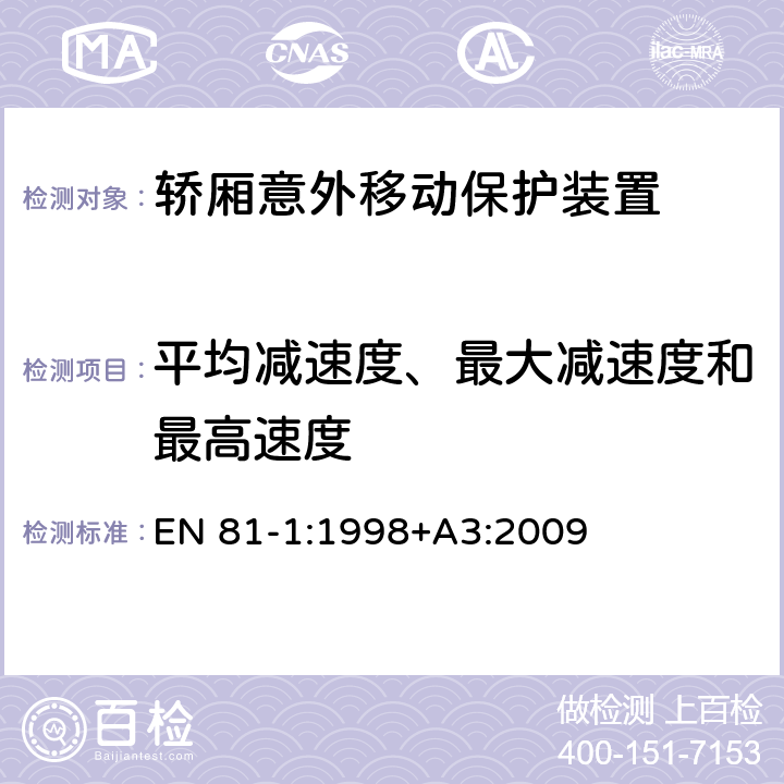 平均减速度、最大减速度和最高速度 电梯制造与安装安全规范 - 第1部分：电梯 EN 81-1:1998+A3:2009 F8