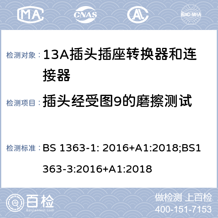 插头经受图9的磨擦测试 13 A 插头、插座和适配器.可重接和不可重接带熔断器底插头规范 BS 1363-1: 2016+A1:2018;BS1363-3:2016+A1:2018 12.17.3