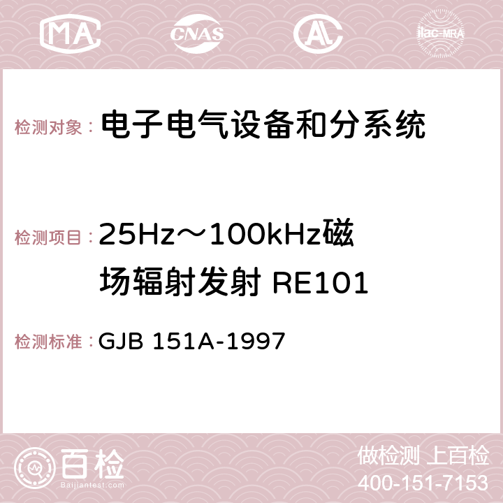 25Hz～100kHz磁場輻射發射 RE101 軍用設備和分系統電磁發射和敏感度要求 GJB 151A-1997 5.3.14