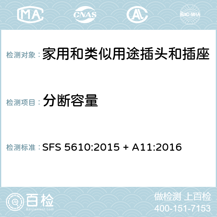 分断容量 家用和类似用途插头插座第1部分:通用要求 SFS 5610:2015 + A11:2016 cl 20