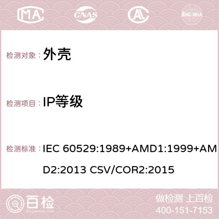 IP等级 外壳防护等级（IP代码） IEC 60529:1989+AMD1:1999+AMD2:2013 CSV/COR2:2015