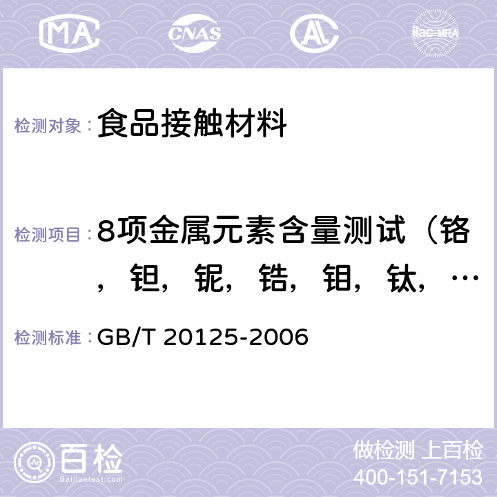 8项金属元素含量测试（铬，钽，铌，锆，钼，钛，铝，铜） 低合金钢 多元素含量的测定 电感耦合等离子体原子发射光谱法 
GB/T 20125-2006
