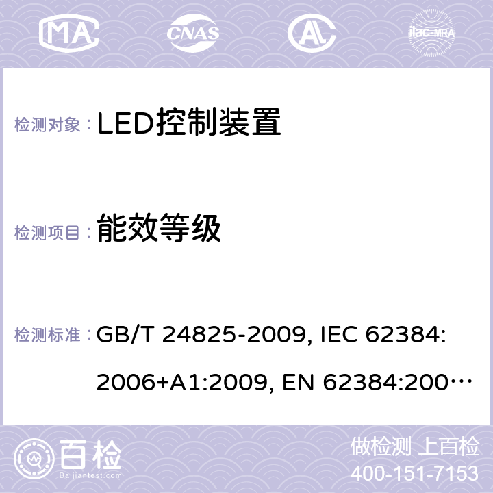 能效等级 DC或AC供电的LED模组用控制装置-性能要求 GB/T 24825-2009, IEC 62384:2006+A1:2009, EN 62384:2006+A1:2009, IEC62384:2020 14