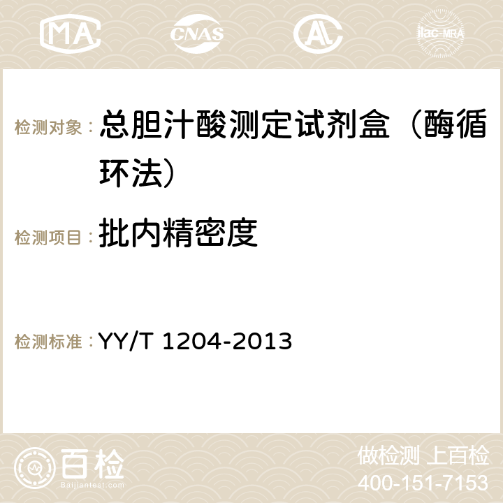 批内精密度 总胆汁酸测定试剂盒(酶循环法) YY/T 1204-2013 4.7.1
