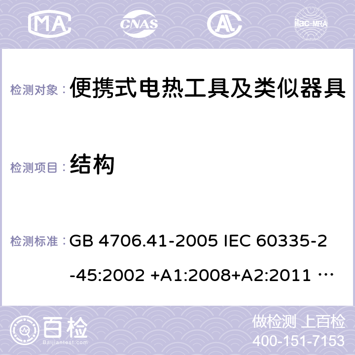 结构 家用和类似用途电器的安全 便携式电热工具及其类似器具的特殊要求 GB 4706.41-2005 IEC 60335-2-45:2002 +A1:2008+A2:2011 EN 60335-2-45:2002 +A1:2008+A2:2012 AS/NZS 60335.2.45:2012 22