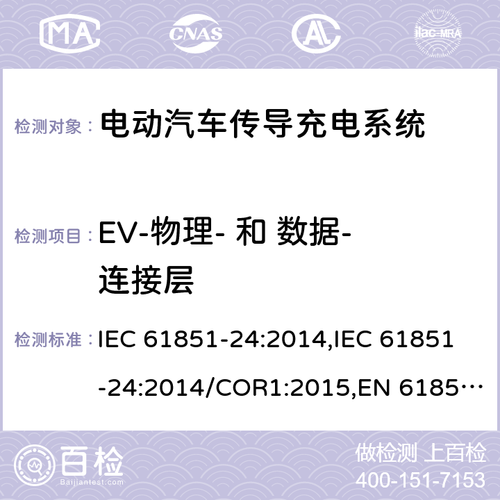 EV-物理- 和 数据-连接层 电动汽车传导充电系统- 第24部分：直流充电桩与控制直流桩的电动车之间的数据通信 IEC 61851-24:2014,IEC 61851-24:2014/COR1:2015,EN 61851-24:2014,EN 61851-24:2014/AC:2015 附录 A