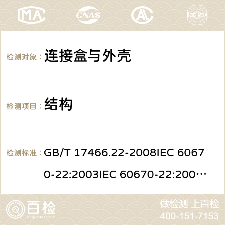 结构 家用和类似用途固定式电气装置的电器附件安装盒和外壳 第22部分:连接盒与外壳的特殊要求 GB/T 17466.22-2008
IEC 60670-22:2003
IEC 60670-22:2003+A1:2015
EN 60670-22:2006 12