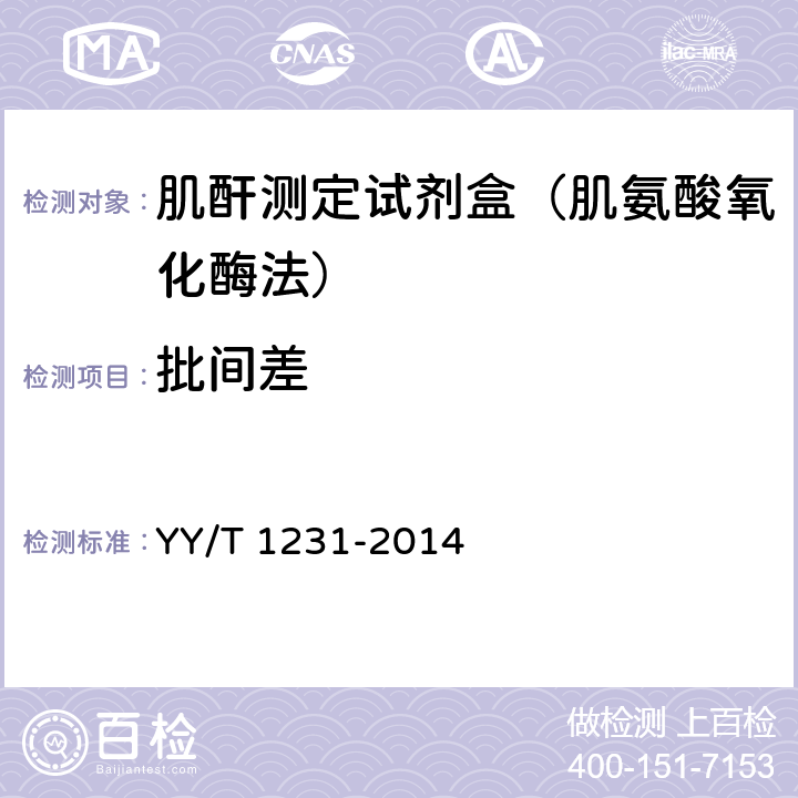 批间差 肌酐测定试剂(盒)(肌氨酸氧化酶法) YY/T 1231-2014 3.6.2