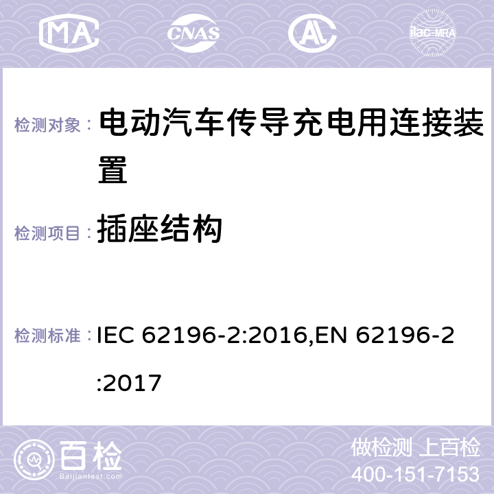 插座结构 电动汽车传导充电用连接装置－第2部分：交流充电接口的尺寸兼容性和可换性要求 IEC 62196-2:2016,EN 62196-2:2017 17