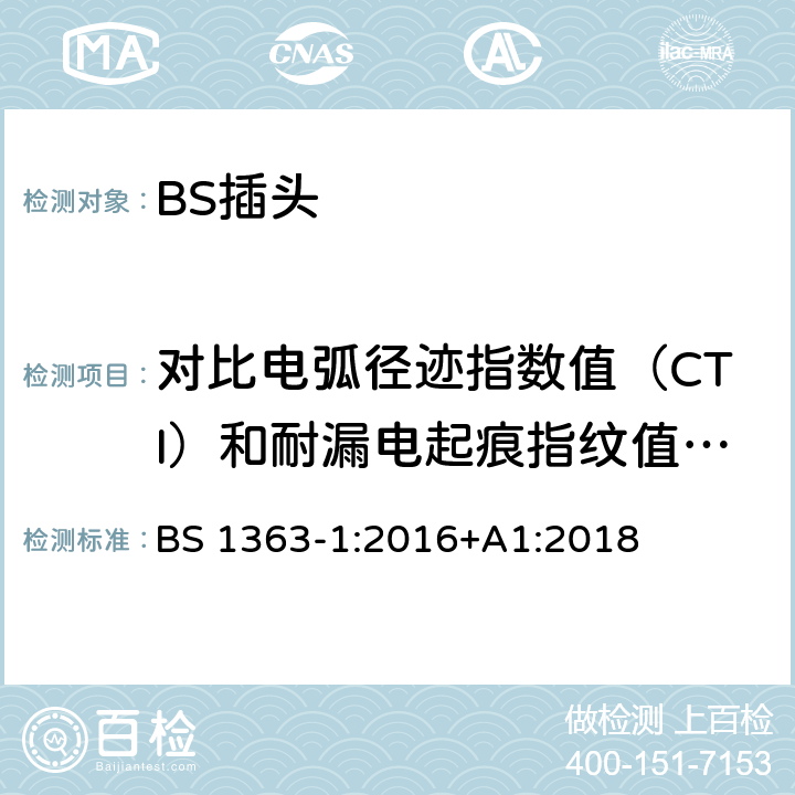 对比电弧径迹指数值（CTI）和耐漏电起痕指纹值（PTI）的测定 13A 插头、插座和适配器.可重接和不可重接带熔断器底插头规范 BS 1363-1:2016+A1:2018 Annex C