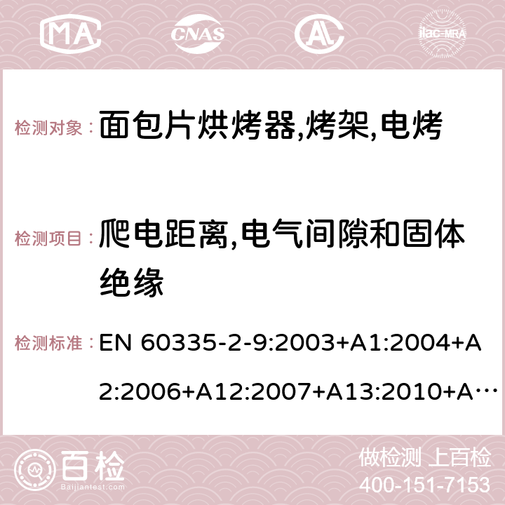 爬电距离,电气间隙和固体绝缘 家用和类似用途电器的安全 烤架,面包片烘烤器及类似用途便携式烹饪器具的特殊要求 EN 60335-2-9:2003+A1:2004+A2:2006+A12:2007+A13:2010+AC:2011+AC:2012 第29章