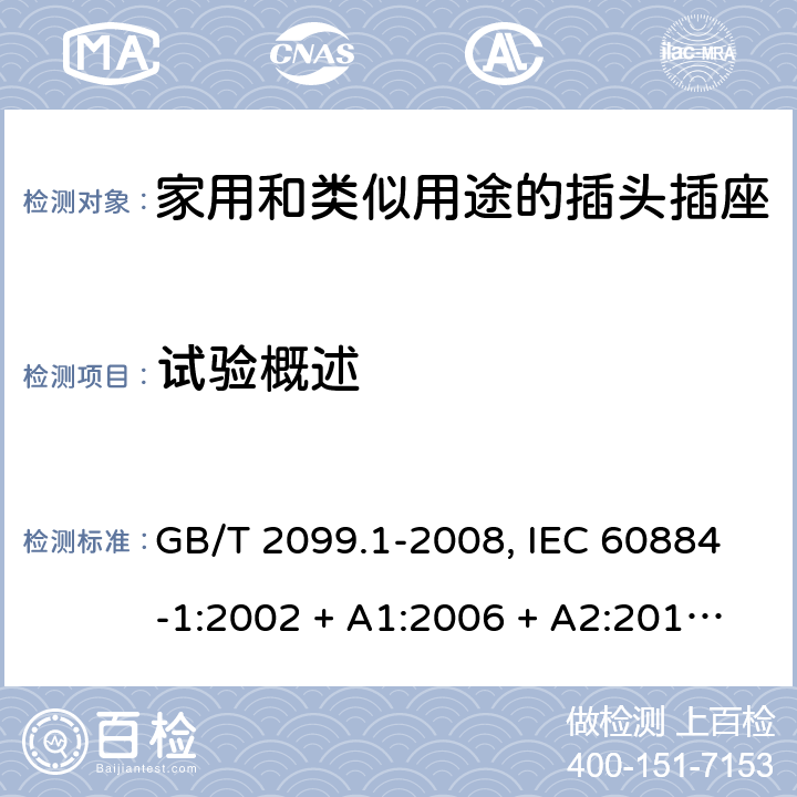 试验概述 家用和类似用途插头插座 GB/T 2099.1-2008, IEC 60884-1:2002 + A1:2006 + A2:2013,DIN VDE 0620-2-1:2013 5