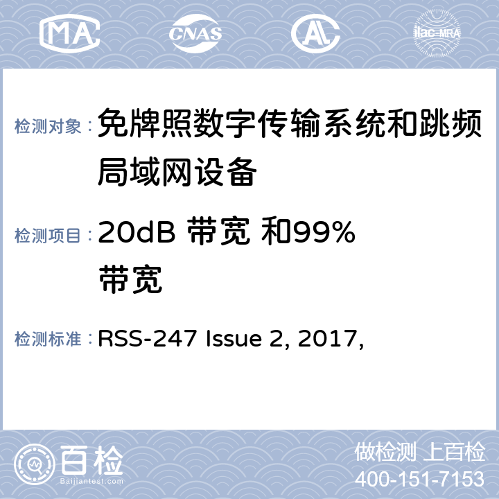 20dB 带宽 和99%带宽 RSS-247 ISSUE 数字传输系统（DTSs）, 跳频系统（FHSs）和 局域网(LE-LAN)设备 RSS-247 Issue 2, 2017,