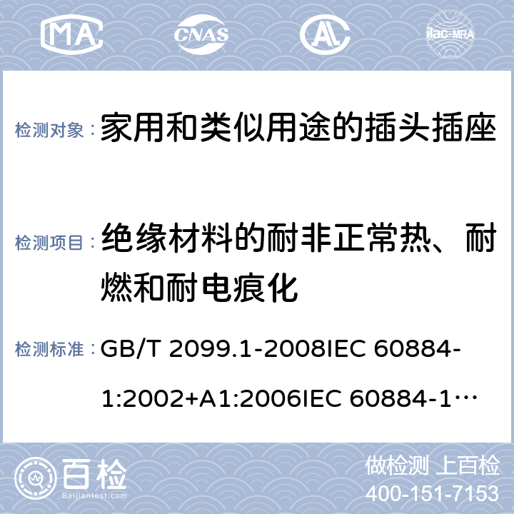 绝缘材料的耐非正常热、耐燃和耐电痕化 家用和类似用途的插头插座 第1部分:通用要求 GB/T 2099.1-2008
IEC 60884-1:2002+A1:2006
IEC 60884-1:2002+A1:2006+A2:2013
IEC 60884-1(ed.3.2):2013
IEC 60884-1:1994+A1:1994+A2:1995 28