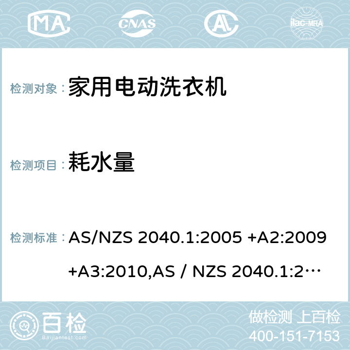 耗水量 AS/NZS 2040.1 家用电动洗衣机性能第1部分：测量方法-性能，能源和水消费 :2005 +A2:2009+A3:2010,AS / NZS 2040.1:2021 附录E