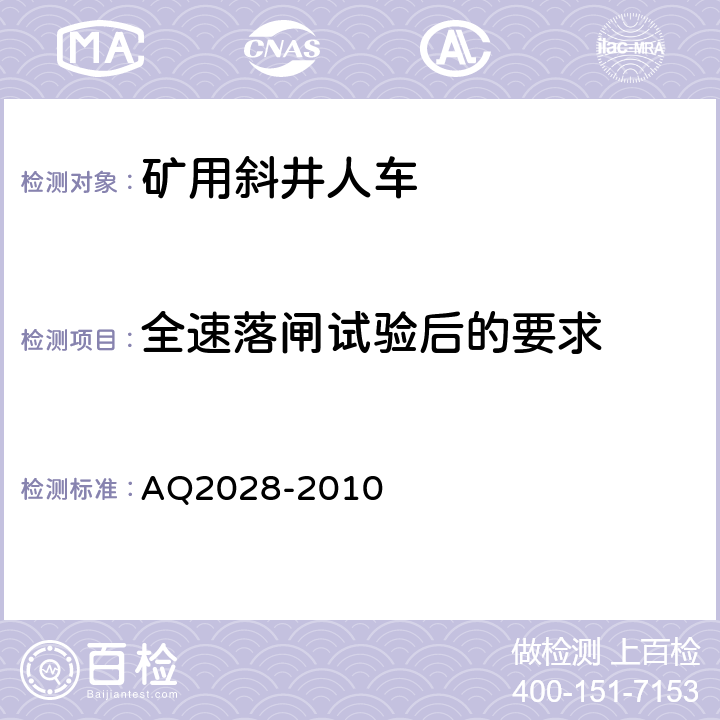 全速落闸试验后的要求 矿山在用斜井人车安全性能检验规范 AQ2028-2010 5.13
