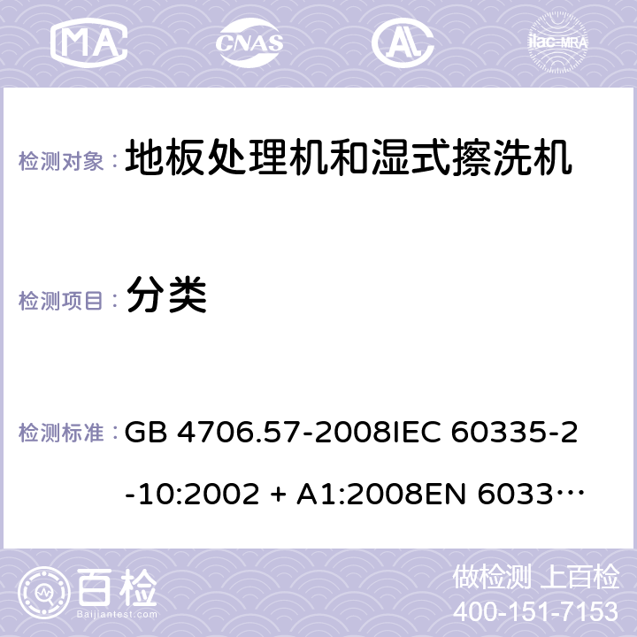 分类 家用和类似用途电器的安全 地板处理机和湿式擦洗机的特殊要求 GB 4706.57-2008
IEC 60335-2-10:2002 + A1:2008
EN 60335-2-10:2003+A1:2008 6