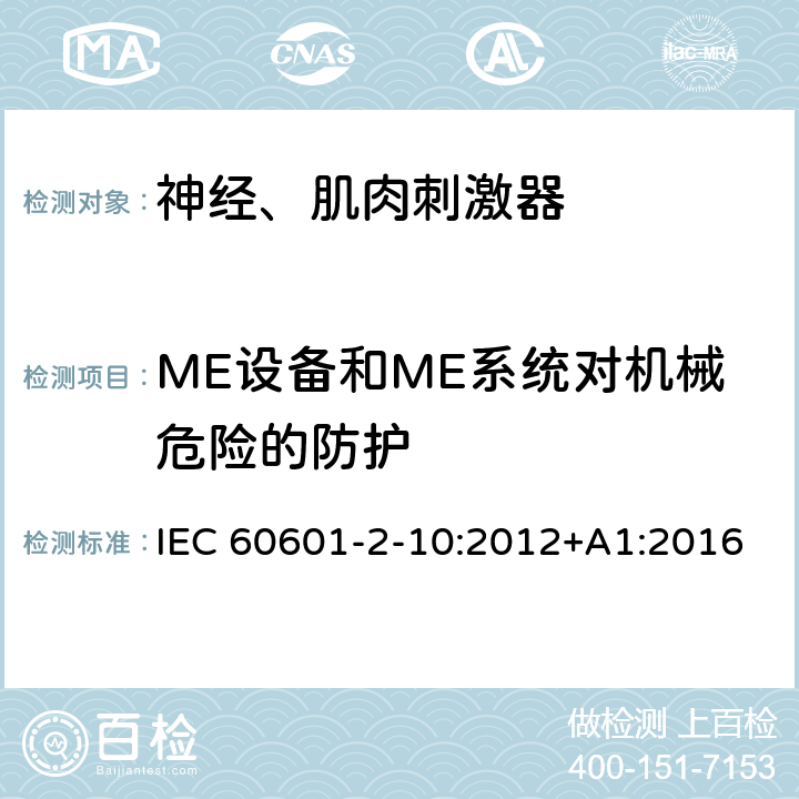 ME设备和ME系统对机械危险的防护 医用电气设备-第2-10部分：神经和肌肉刺激器基本安全和基本性能的专用要求 IEC 60601-2-10:2012+A1:2016 EN 60601-2-10:2015+A1:2016 201.9