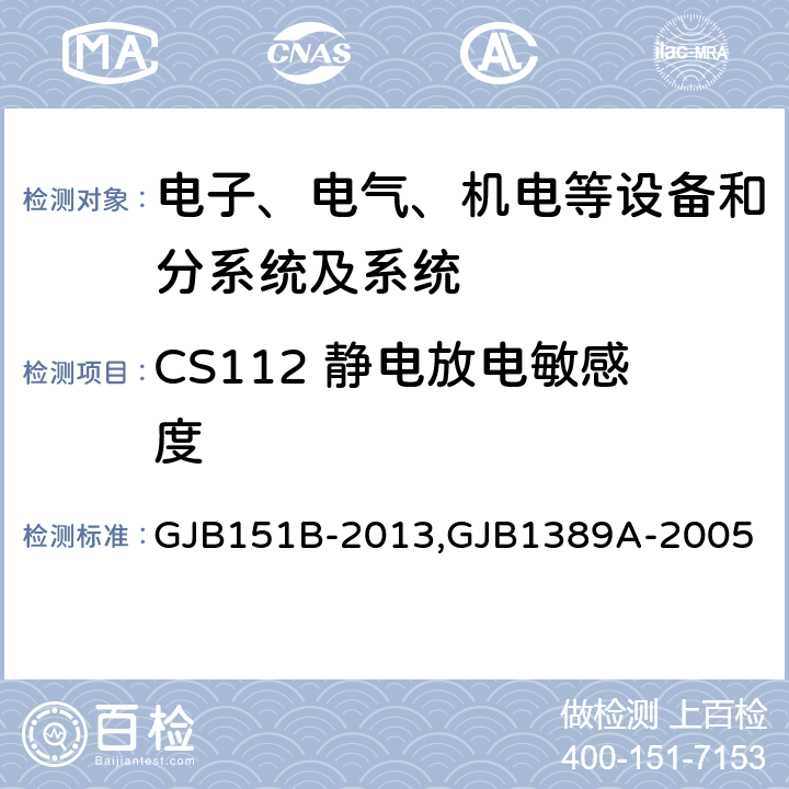 CS112 静电放电敏感度 军用设备和分系统电磁发射和敏感度要求与测量,系统电磁兼容性要求 GJB151B-2013,GJB1389A-2005 5.15