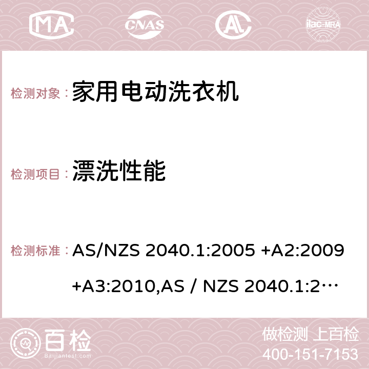 漂洗性能 家用电动洗衣机性能第1部分：测量方法-性能，能源和水消费 AS/NZS 2040.1:2005 +A2:2009+A3:2010,AS / NZS 2040.1:2021 附录N