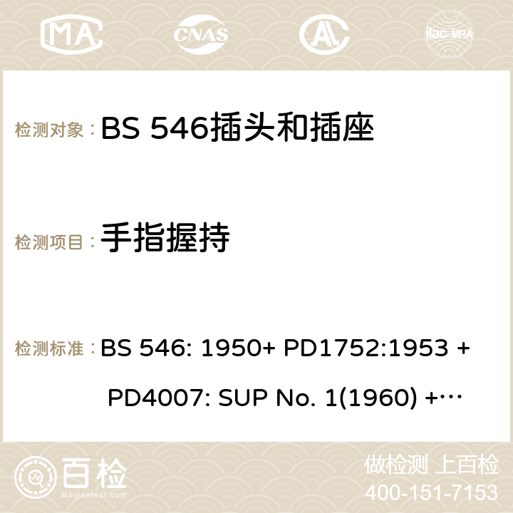 手指握持 两极带地极插头插座及插座转换器 BS 546: 1950+ PD1752:1953 + PD4007: SUP No. 1(1960) + PD4389:1961 + Amd. 251:1969 + Amd. 2307:1977 + Amd. 4045:1982 + Amd. 5809:1987(include sup. No. 2: 1987) + Amd. 6144:1989 +Amd. 8914:1999 19